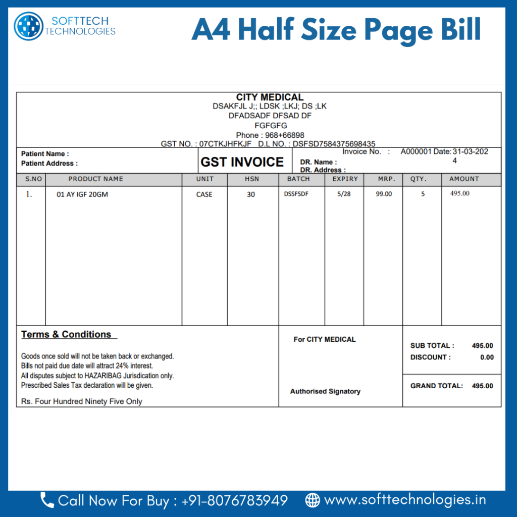 SFTOT025 A4 Page Half Size Bill – Software Services