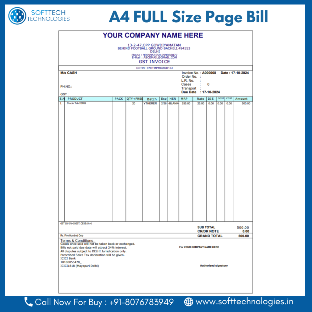 SFTOT035 A4 Portrait Size Bill – Software Services